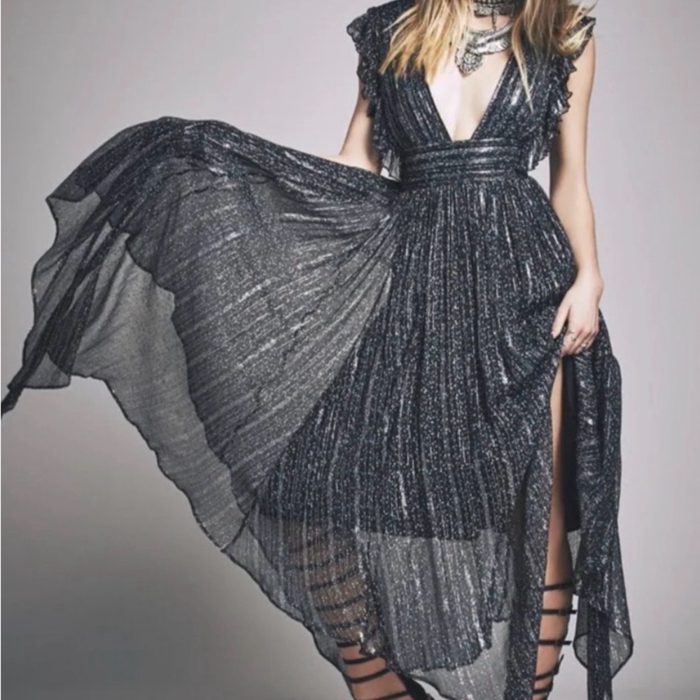 Free People My Antonia Black Midi Womens Dress Metallic Plunge Asymmetric Sz XS